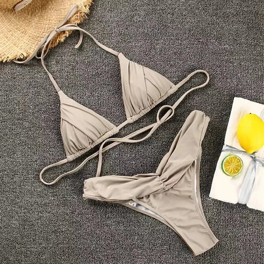 Micro Bikinis Women Halter Brazilian Bikini Set Female Pleated Swimsuit Triangle Swimwear Beach Wear Bathing Suit