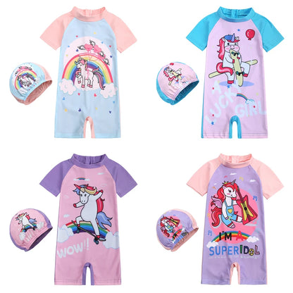 Toddler Children Swimwear Suit Print UV Kids Boys Girls Summer Beach Clothes 2Pcs Cap+Bathing Swimming Diving Swimsuit