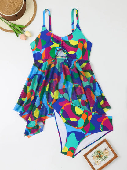 Color Print Strapped 2 Piece Plus Size Tankini Set Women Large High Waist Big Swimsuit Brazilian Lady Curvy Bathing Suit