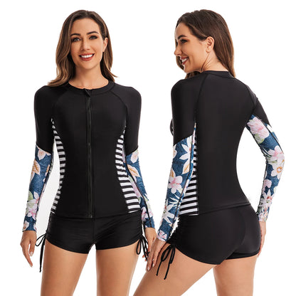 Women's Two Piece Long Sleeve Bathing Suits UV Protection Rash Guard Surfing Swimsuit Print Tankini Set Zip Padded Shirt+Shorts