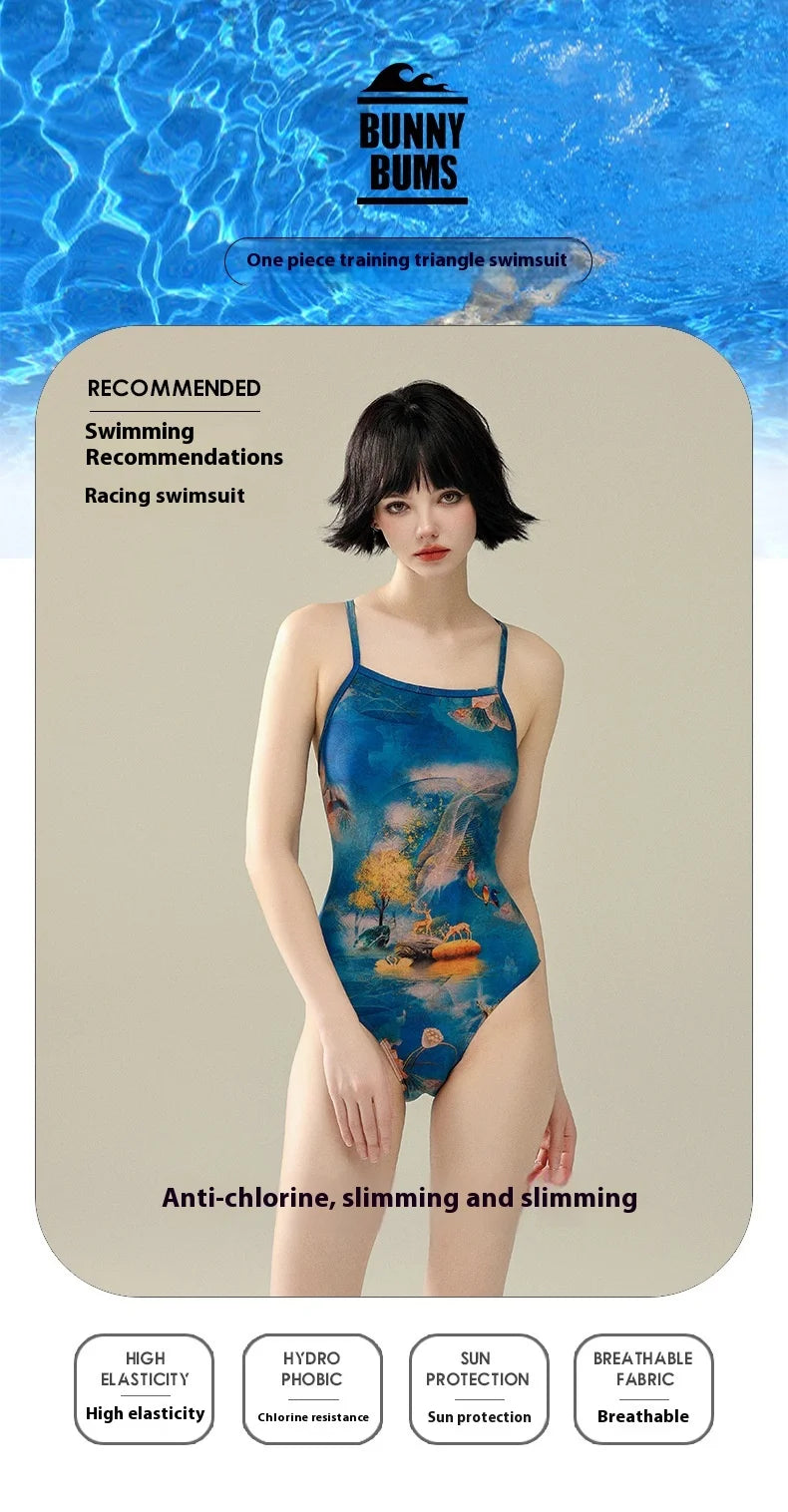 Bunny Bums Blue Flower Women Racing Swimsuit Training Special One-piece Swimsuit