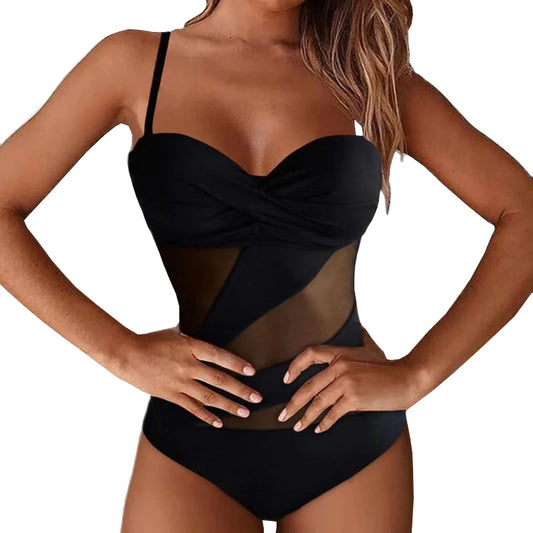 Black Net One Piece Swimsuit Closed Female Swimwear Push Up Body Women's Swim Wear Bathing Suit Beach Pool Bather