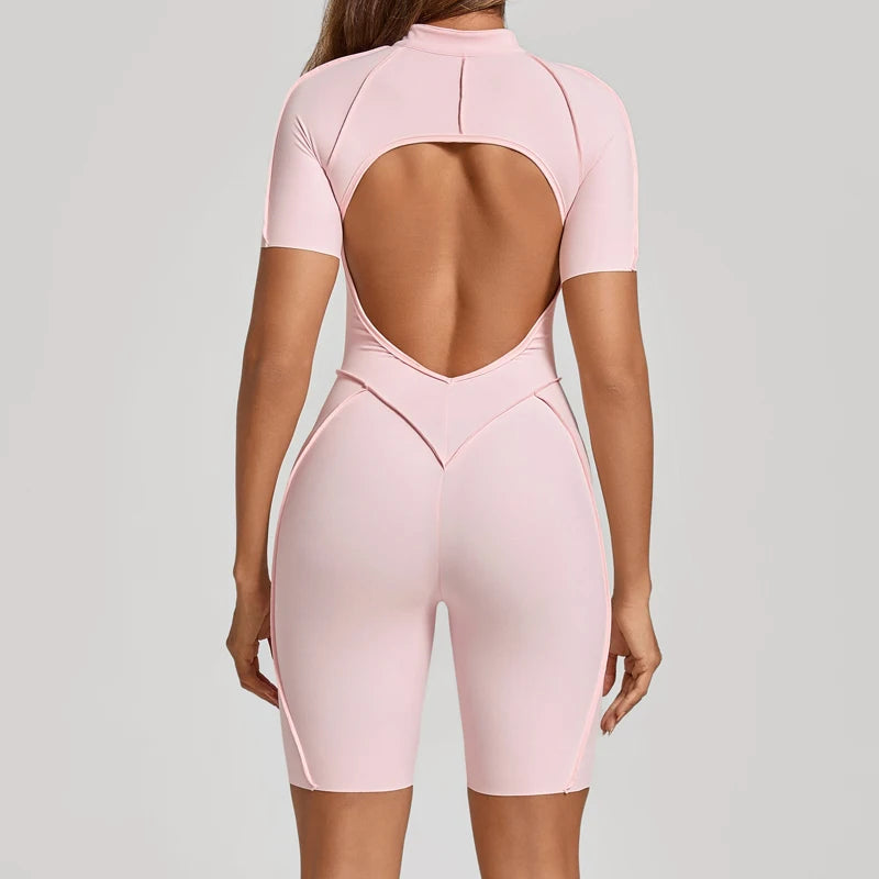 Women's Short-Sleeve Zip-Front Open-Back Workout Playsuit