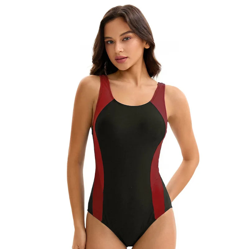 Women's Color Block One Piece Swimsuit Conservative Sporty Sleeveless Bathing Suit for Diving Surfing Bathers