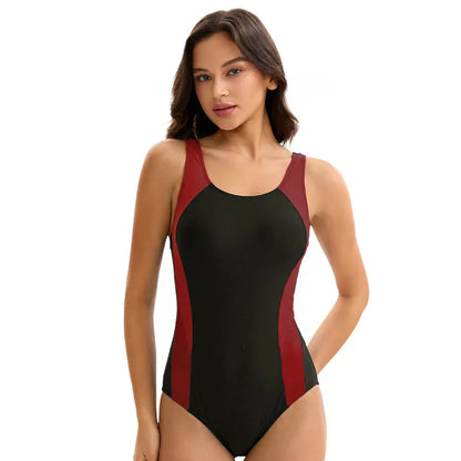 Women's Color Block One Piece Swimsuit Conservative Sporty Sleeveless Bathing Suit for Diving Surfing Bathers
