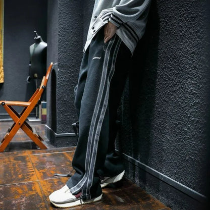 Men Straight Stripes Sweatpants Korean Spring Autumn Male Elastic Waist Zipper Pockets Loose Sports Casual Trousers