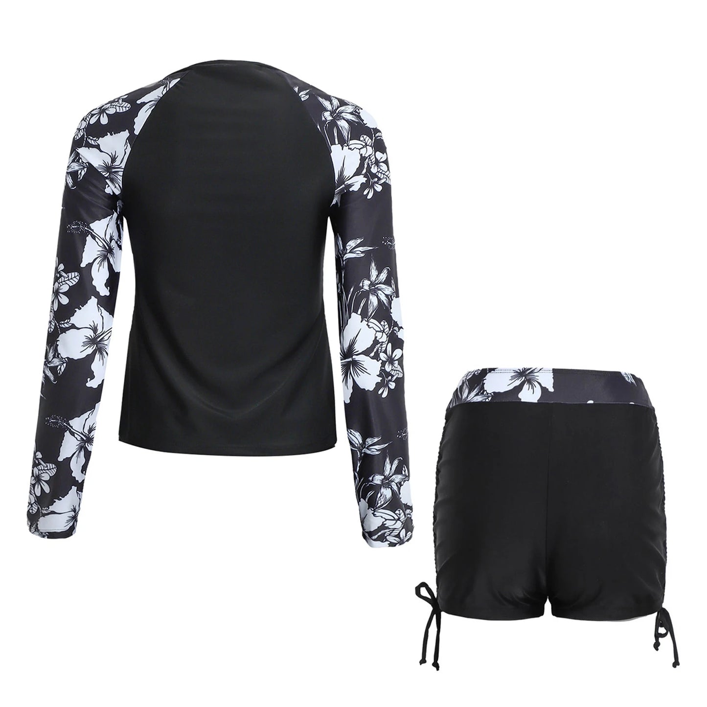 Womens Swimwear Athletic Swim Sets Print Long Sleeve Half Zipper Wireless Chest Pads Top with Side Drawstring Shorts Swimsuit