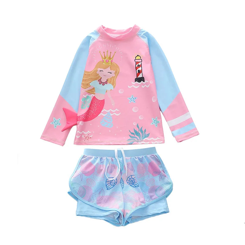 Girls Swimwear Long Sleeve Mermaid Swimming Suit Two Pieces Rash Guard Set Bathing Suit Kids Children's Swimsuit Girl 4-11 Years