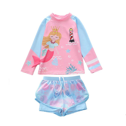 Girls Swimwear Long Sleeve Mermaid Swimming Suit Two Pieces Rash Guard Set Bathing Suit Kids Children's Swimsuit Girl 4-11 Years