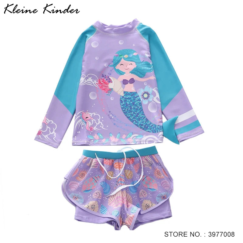 Girls Swimwear Long Sleeve Mermaid Swimming Suit Two Pieces Rash Guard Set Bathing Suit Kids Children's Swimsuit Girl 4-11 Years