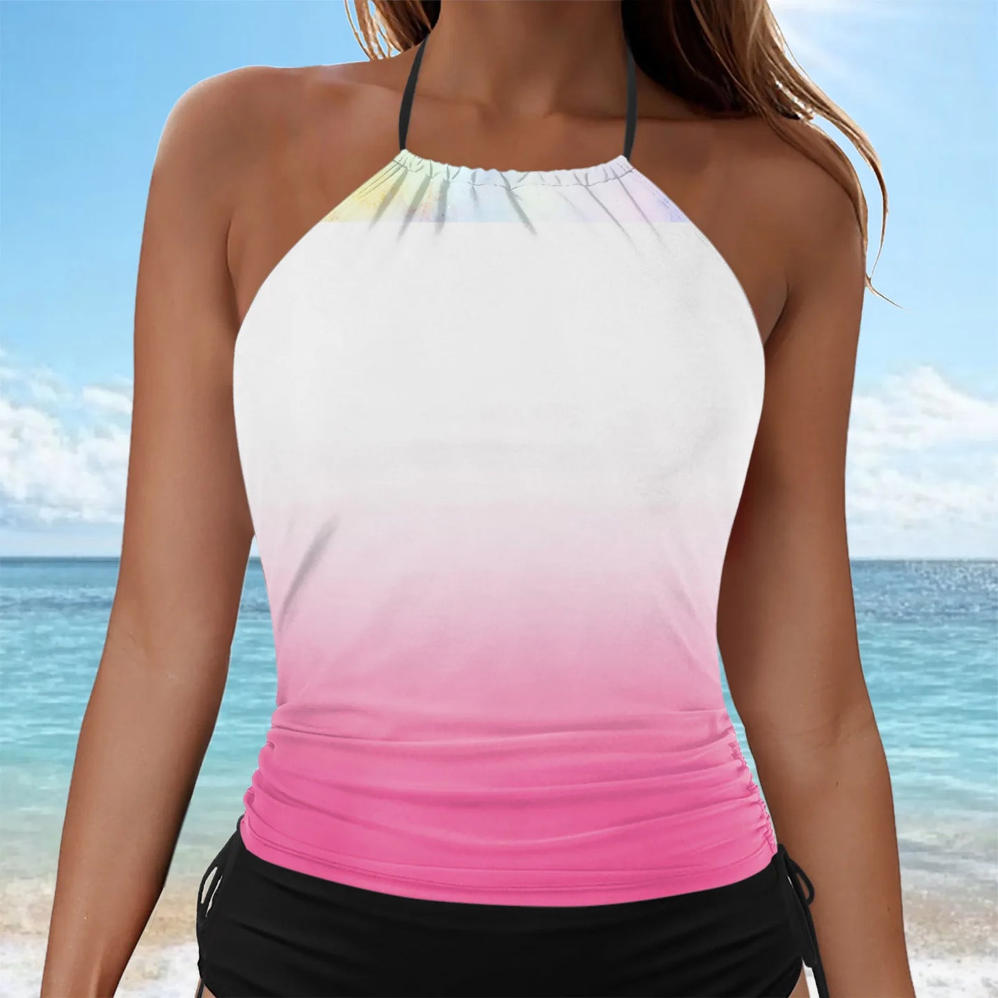 Women's Gradient Tankini Swimsuit Hanging Neck Cover Tummy Suspender Tops Mid Waist Side Tie Solid Color Shorts Holiday Wear