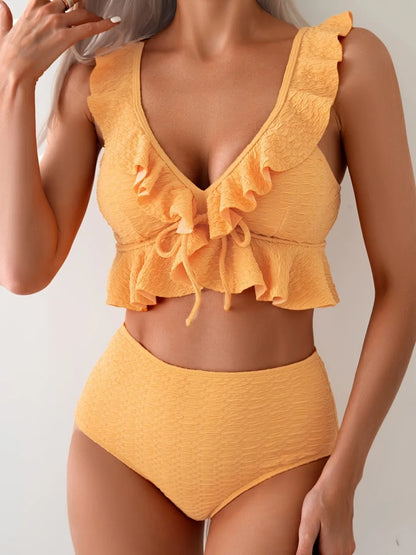Strappy Ruffle Bikini Solid Swimwear Women High Waist Triangle Swimsuit Female Bathing Swimming Suit Padded Beachwear