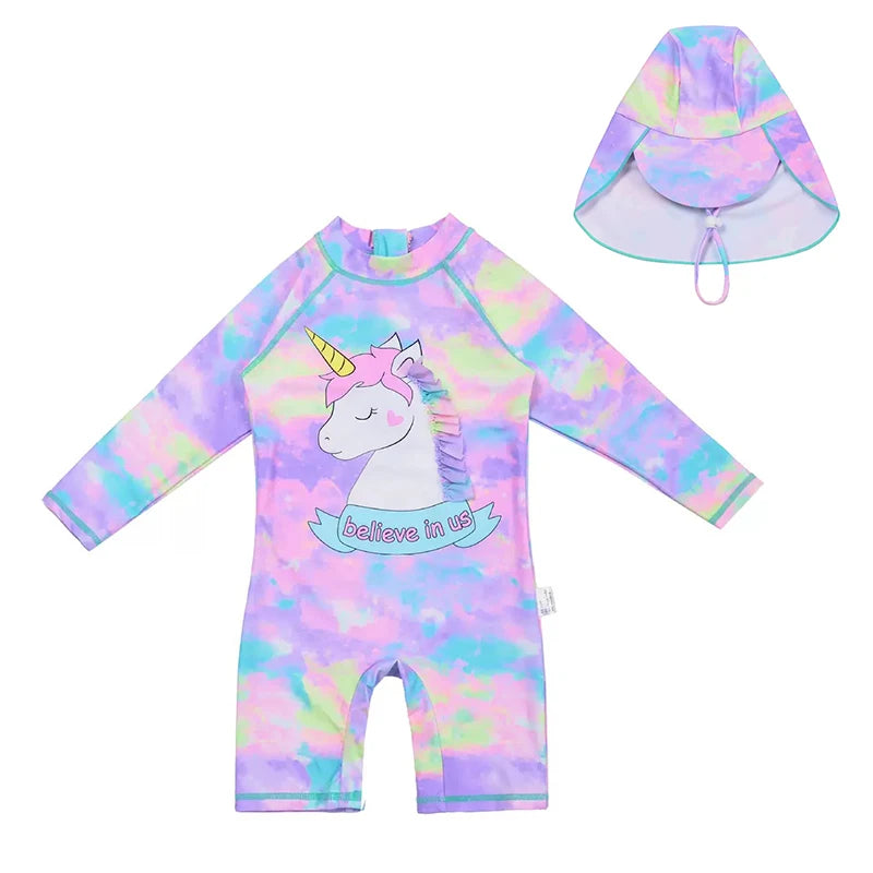 Toddler Baby Bathing Suit Girls Swimsuit One-Piece Rashguard for 2-10 Years UPF 50+ Anti UV Long Sleeve Swimwear for Children