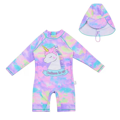 Toddler Baby Bathing Suit Girls Swimsuit One-Piece Rashguard for 2-10 Years UPF 50+ Anti UV Long Sleeve Swimwear for Children