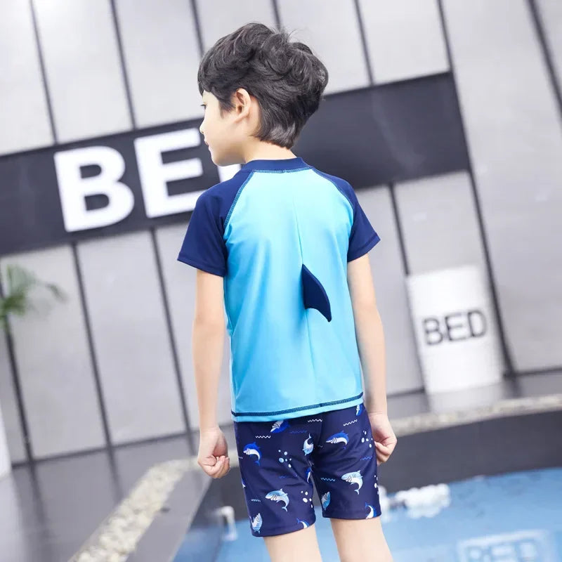 Children's Cartoon Shark Short Sleeve Split Swimwear with Swim Cap, Sun Protection Beach Wear, Baby Boys Swimsuit