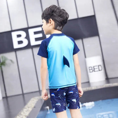 Children's Cartoon Shark Short Sleeve Split Swimwear with Swim Cap, Sun Protection Beach Wear, Baby Boys Swimsuit