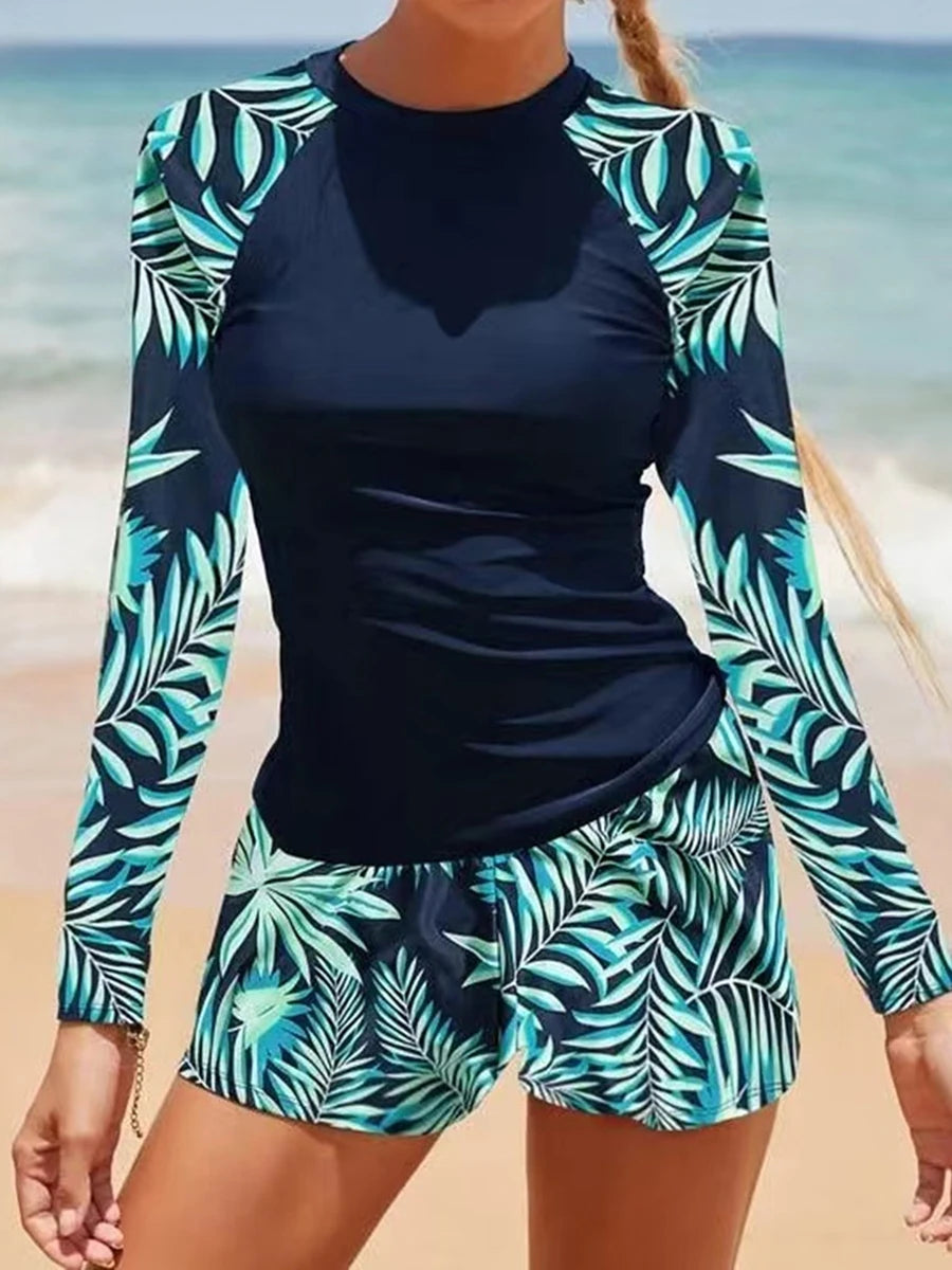 Long Sleeve Surfing Swimsuit Print Swimwear Women Two Pieces Diving Clothes Beachwear Bathing Swimming Swim Suit