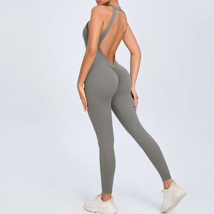 Pad Scrunch Backless Yoga Sport Jumpsuit Women Monkeys One Piece Gym Outfit Legging Fitness Overalls Workout Pant Clothing
