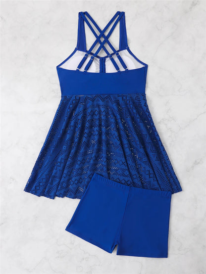 2 Pieces Front Drawstring Swimwear Women Hollow Out Swimsuit Beach Skirt Solid Tankini Female Bathers Swimming Beach Wear