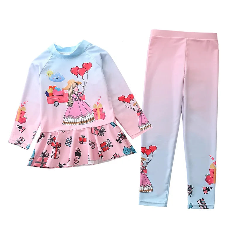 Swimsuit for Girls Long Sleeve Ruffles Girls Swimwear Cartoon Print Separate Bathing Suit Kids 2 Pcs Beach Surfing Swimming Wear