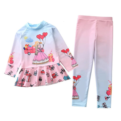 Swimsuit for Girls Long Sleeve Ruffles Girls Swimwear Cartoon Print Separate Bathing Suit Kids 2 Pcs Beach Surfing Swimming Wear