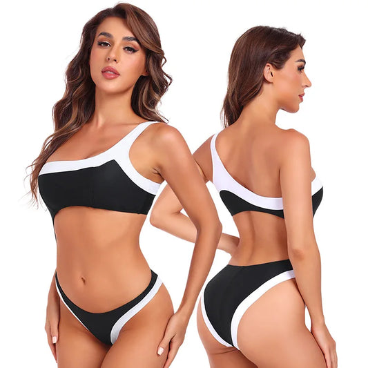 European Style Bikini Style Black & White Swimwear Single Shoulder Strap, Waist Hollow Out, Backless Asymmetrical Style for Women