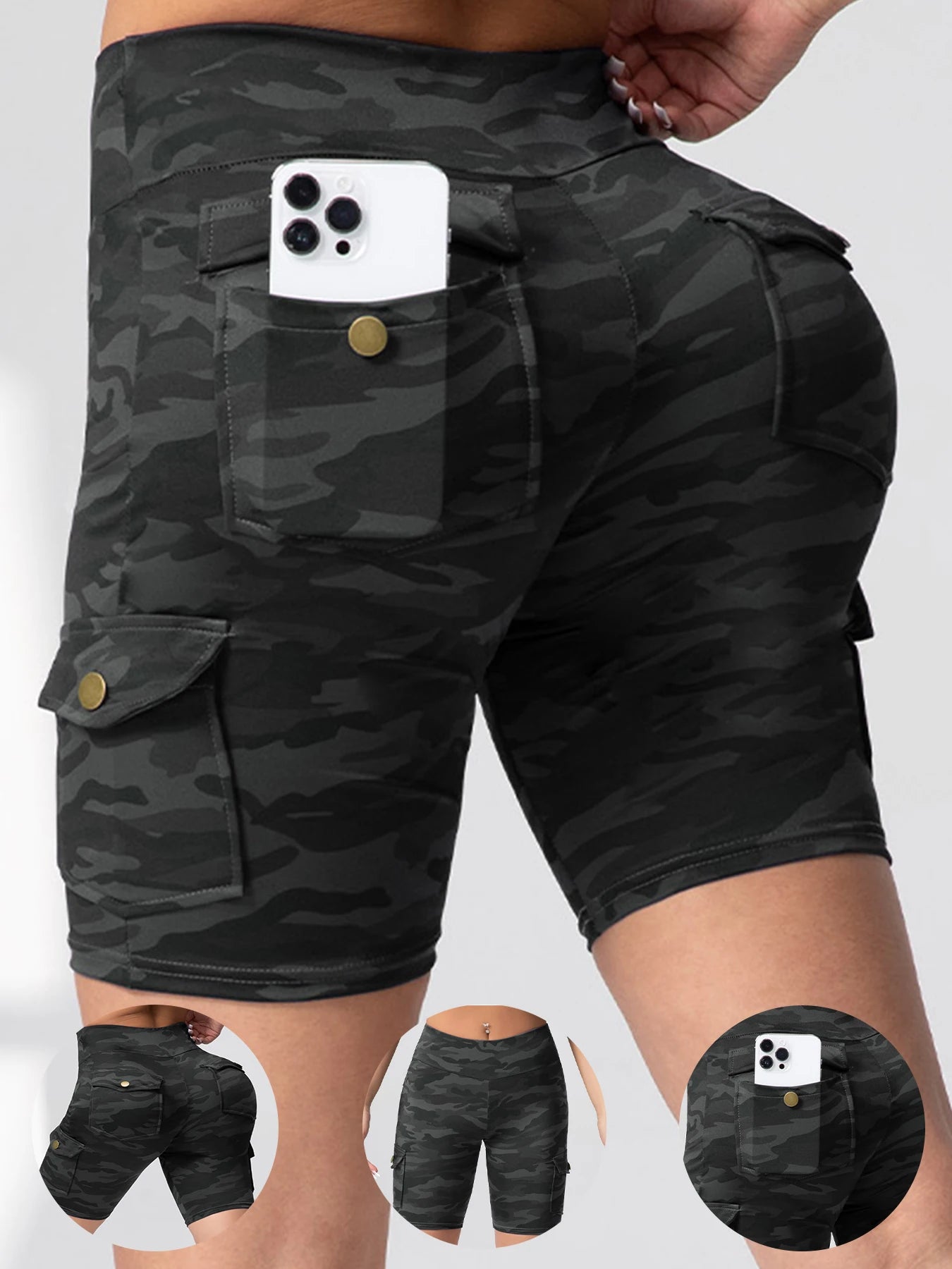 Camouflage Printed Women Shorts with Pockets Butt Lifting Tummy Tight Elastic Slim Outdoor Running Workout Shorts Streetwear