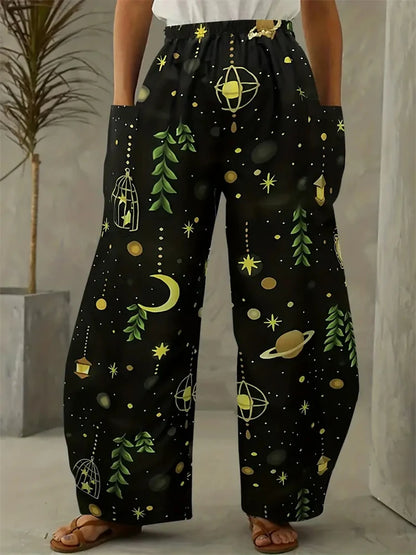 Simple Star And Moon Abstract Sun Print Pants Fashionable European And American Ladies Wide-leg Pants Delicate And Elegant Pants