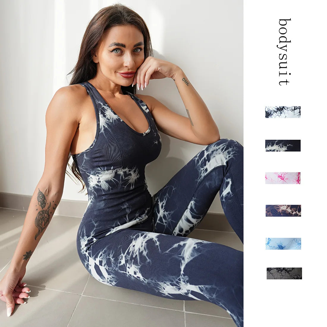Seamless Tie-Dyed Yoga Jumpsuits Sports Fitness Hip-lifting One-Piece Beauty Back Bodysuits Gym Leggings Tracksuits for Women