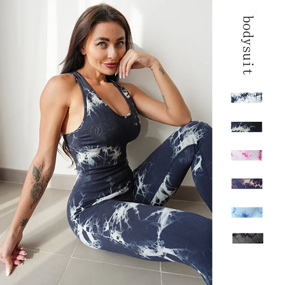 Seamless Tie-Dyed Yoga Jumpsuits Sports Fitness Hip-lifting One-Piece Beauty Back Bodysuits Gym Leggings Tracksuits for Women