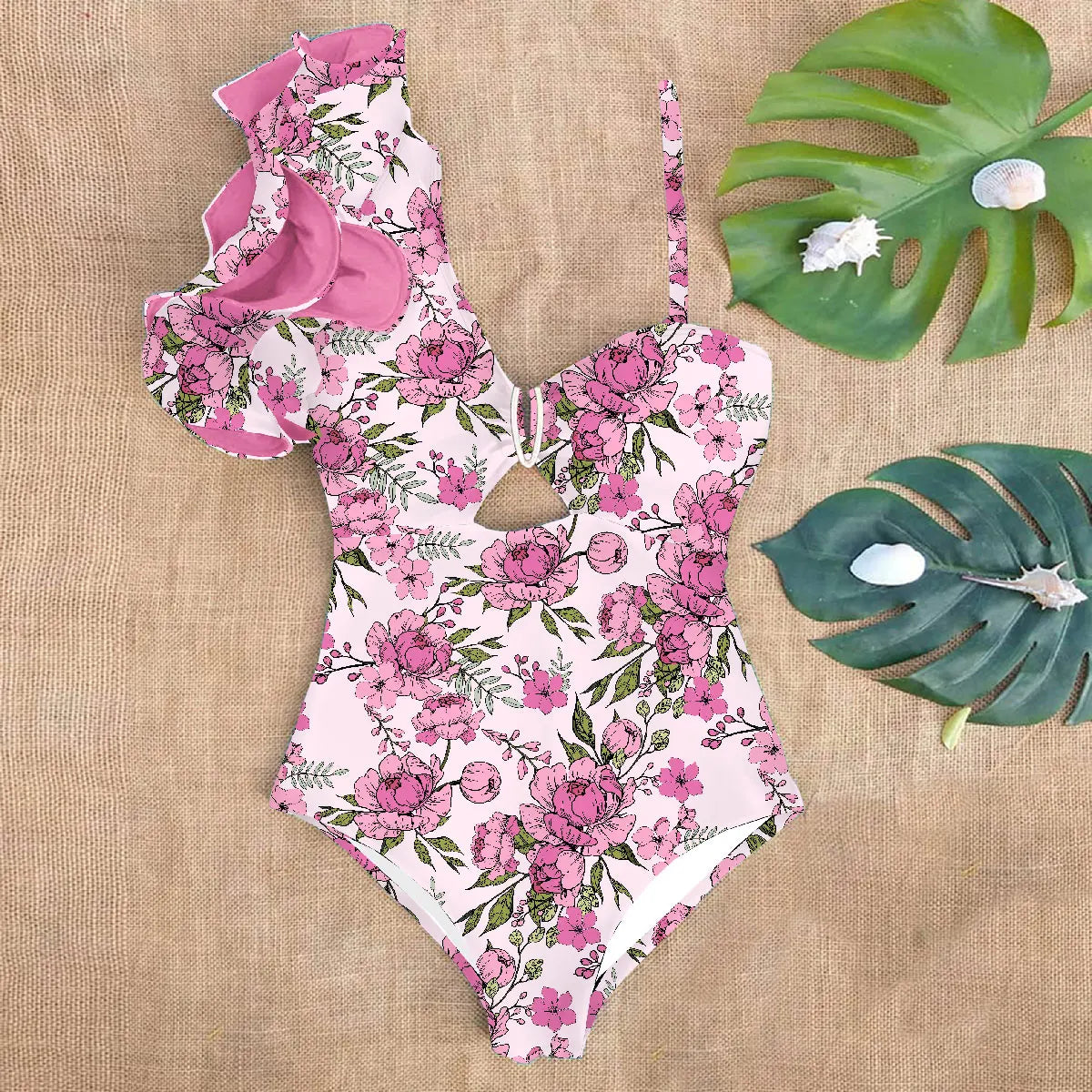 Ruffle Print Floral One Piece Strappy One shoulder Swimwear Women Swimsuit Bathing Suit Backless Beachwear Monkini