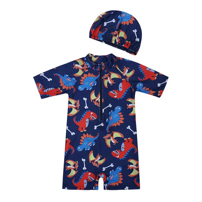Baby Boys Girls 2pcs Summer Beach Swimwear Print Cartoon Cap+Bodysuit Infant Suit Outfit Bathing Swimsuit