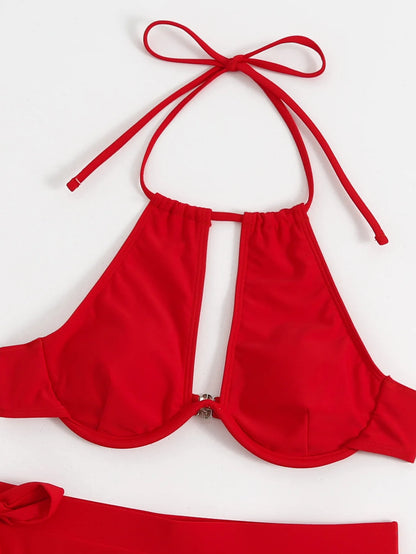 Solid Color Halter Swimwear Women Hollow Push UP Bikini Set High Waist Summer Swimsuit Backless Beach Bathing Suit