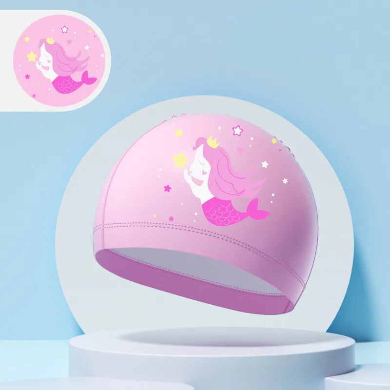 Children's Swimming Caps Boys Girls Kids Cartoon Swim Hat High Elastic Ear Protection PU Waterproof Swimming Cap