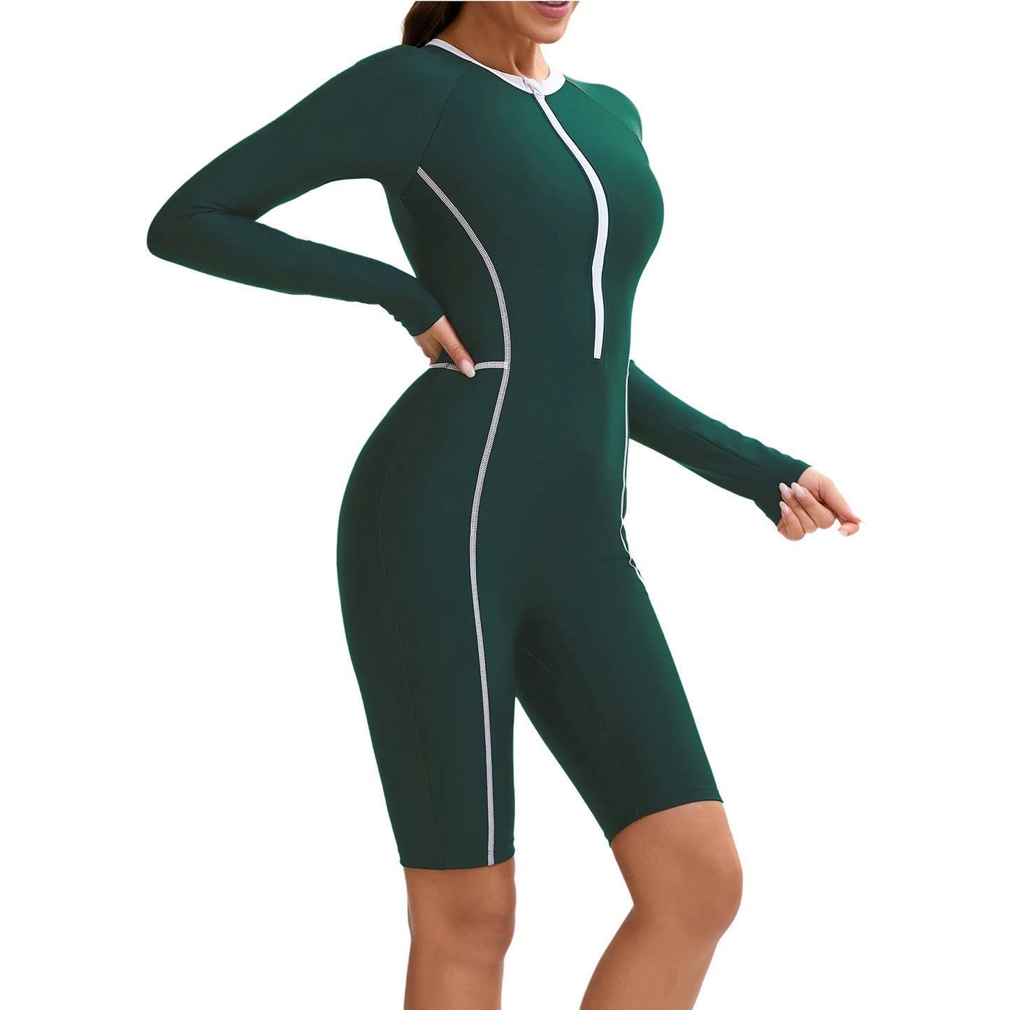 Womens Swim Leotard Long Sleeve One-Piece Swimsuit Surfing Swimwear Bathing Suit Front Zipper Jumpsuit for Summer Holiday Pool