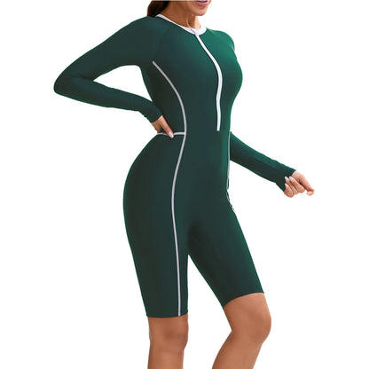 Womens Swim Leotard Long Sleeve One-Piece Swimsuit Surfing Swimwear Bathing Suit Front Zipper Jumpsuit for Summer Holiday Pool