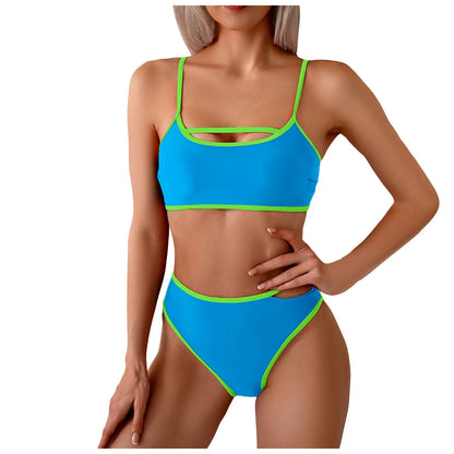 2 Piece Bikini Set Color Block Swimsuit Women Hollow Out Bathing Suit High Waisted Swimwear Brazillian Tankini