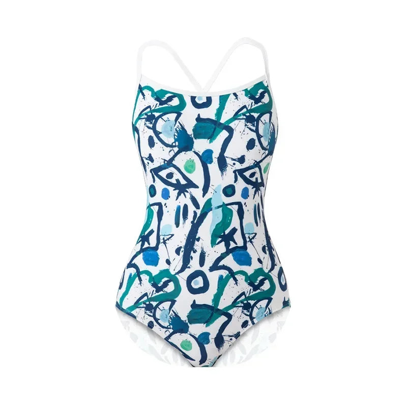 Women Vintage Racing One-piece Swimwear Sun Protection Professional Competition Flower Printed Swimsuit Training Bikini