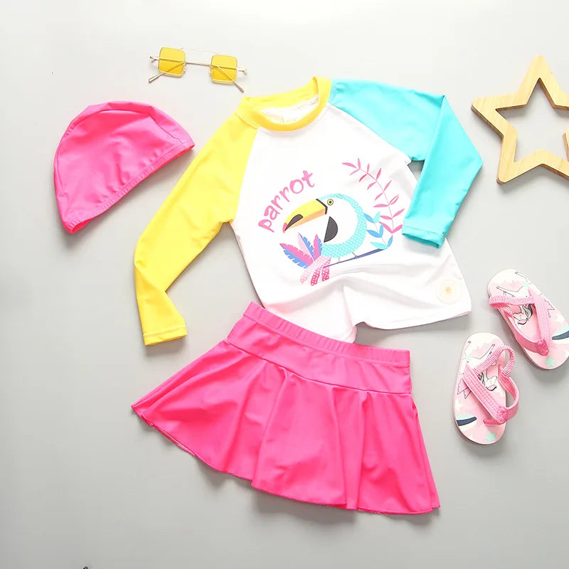 Baby Swimsuit UPF50 UV Protection Kids Swimwear for Girls Long Sleeve Bathing Suit Toddler One-Piece Cartoon Infant Beachwear