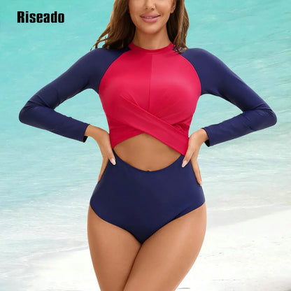 Women's Long Sleeve Rash Guard Cut Out One Piece Swimsuit Sun Protection Back Zipper Bathing Suit