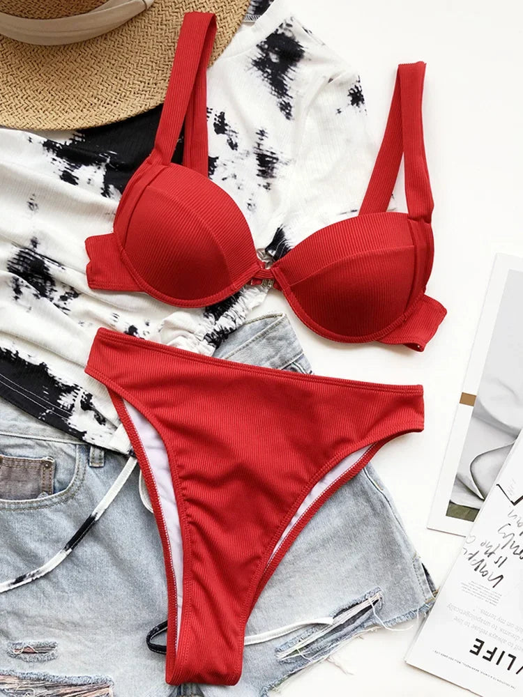 Ribbed Bra Cup High Waist Bikini Women Swimsuit Female Swimwear Two Pieces Bikini set Push Up Bather Bathing Suit Swim Lady