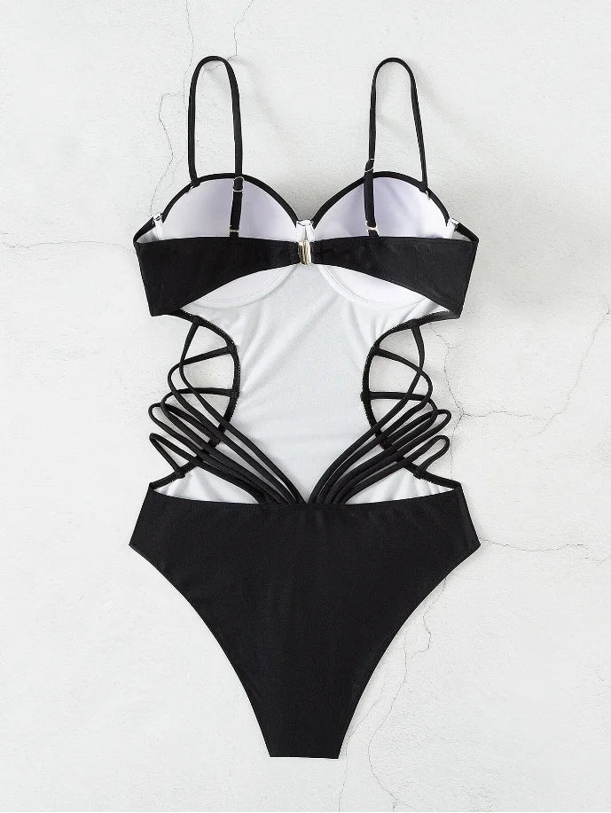 Black Strapped Swimwear Women Hollow Push Up One Piece Swimsuit Monokini High Waist Backless Bathing Suit