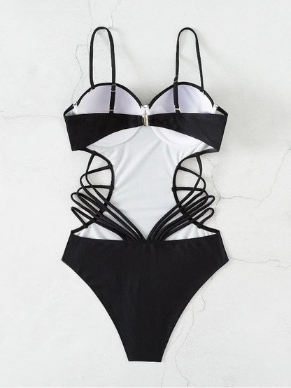 Black Strapped Swimwear Women Hollow Push Up One Piece Swimsuit Monokini High Waist Backless Bathing Suit