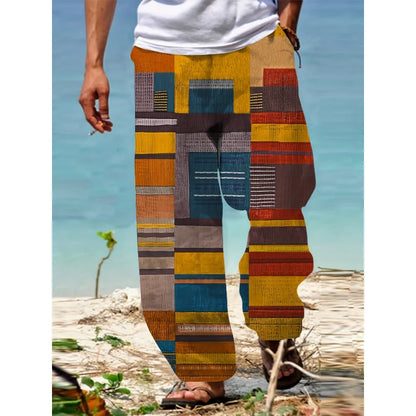 Men's Casual Summer Trousers Colorful Patchwork Print Drawstring Lightweight Elastic Waist With Pockets Relaxed Fit Pants