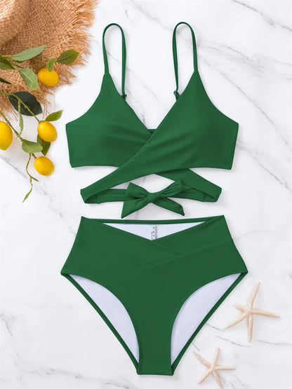 Solid Strapped Bikini Set Push UP Hollow Swimsuit Women Swimwear Biquinis High Waist Backless Bathing Suit