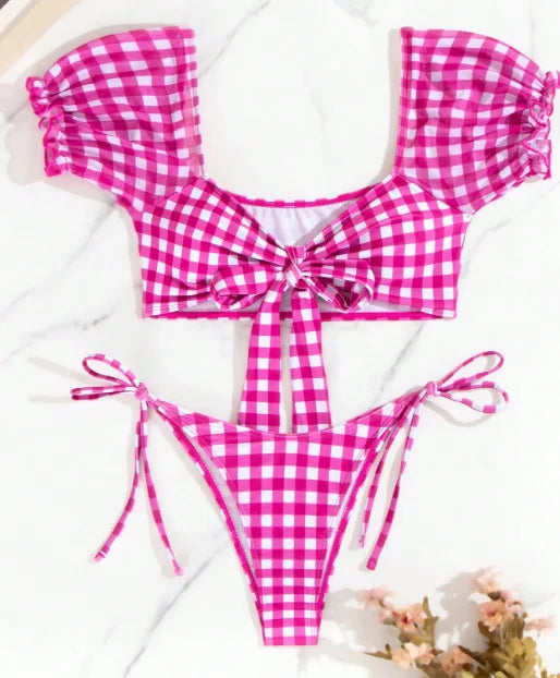 Checkered Two-Piece Swimsuit Bikini Girl Plaid Tie Swimwear Beach Vacation Swimsuit for Women