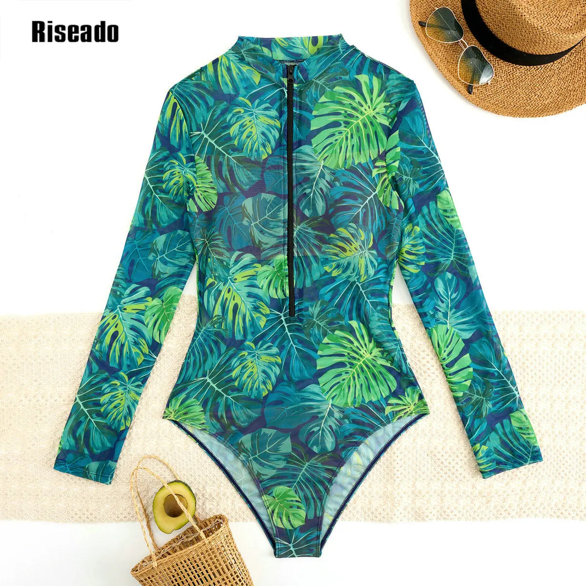 Women's Mesh Beach Suit Printed High Waist Surfing One Piece Suit with Long Sleeves Large Size