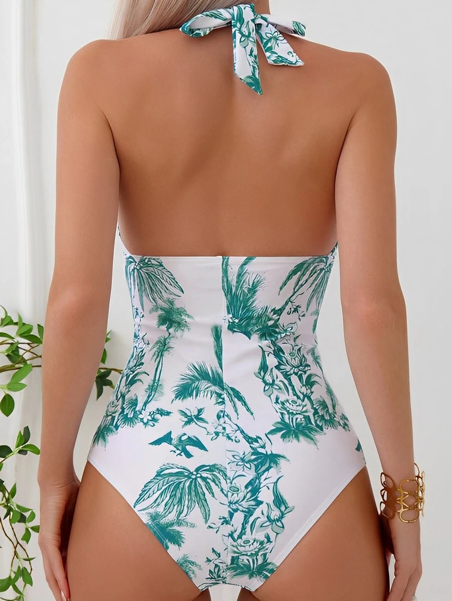 Ruched Halter Swimsuit One Piece Swimwear Women Bathers Bathing Swimming Swim Suit Female Beachwear