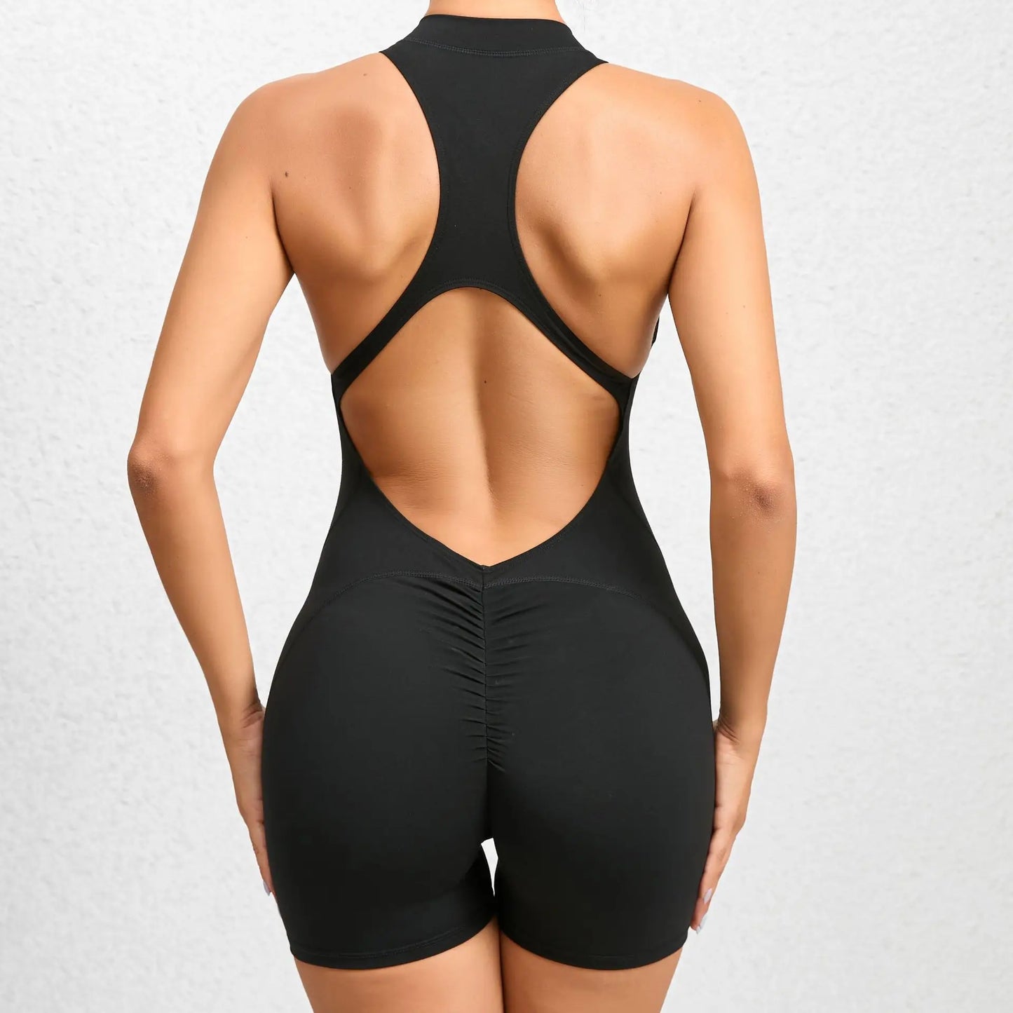 V Cut Zip Up Rompers Scrunch Butt Yoga Sets Racerback Jumpsuit for Women Fitness Gym Clothing Workout Open Back Sports Suit