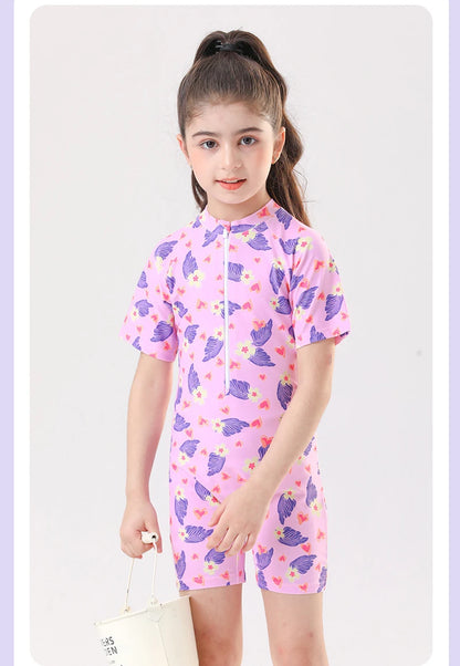 Leaf Print One Piece Girls Swimwear Kids Short Sleeve Swimsuit With Front Zipper Summer Children Swimming Suit Beachwear